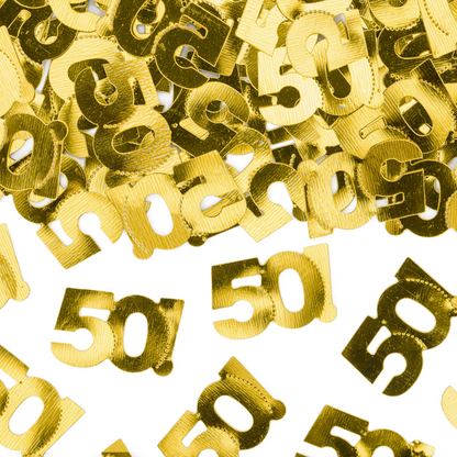 Close-up of shiny metallic gold “50” confetti pieces, perfect for 50th birthday or anniversary party decorations.