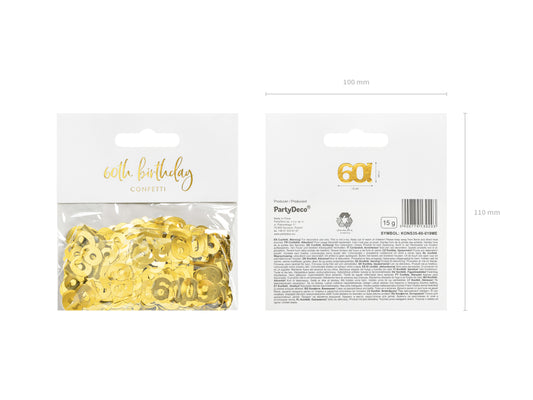 Package of metallic gold number 60 confetti for milestone birthday celebrations.