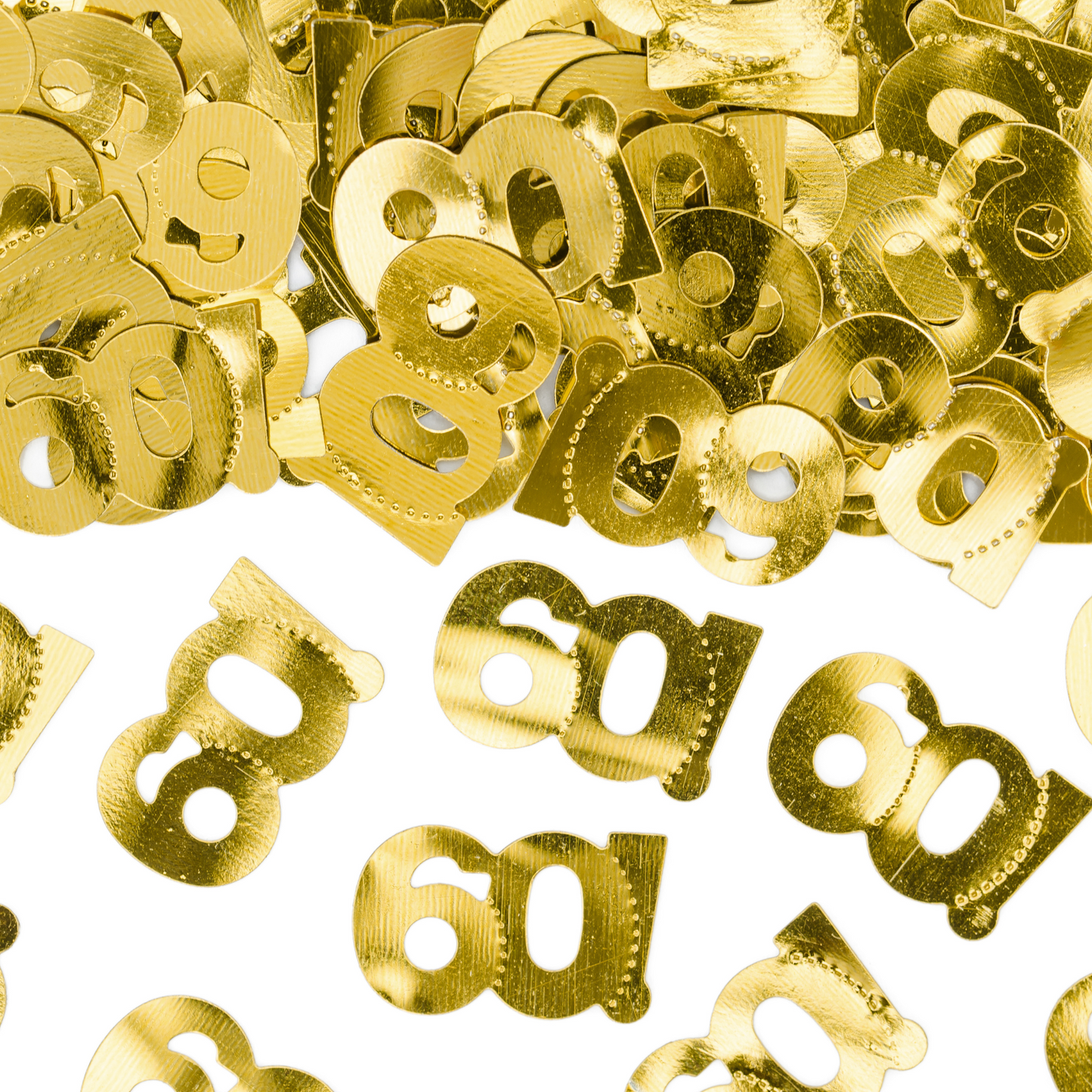 Close-up of shiny metallic gold “60!” confetti pieces, perfect for 50th birthday or anniversary party decorations.