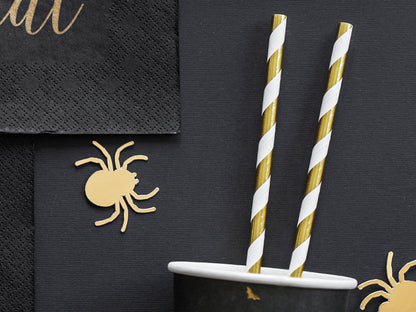 gold and white striped straws for halloween decor