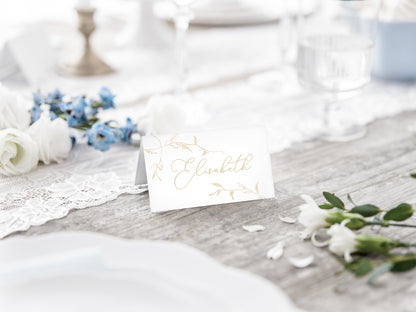 gold and white branches place cards