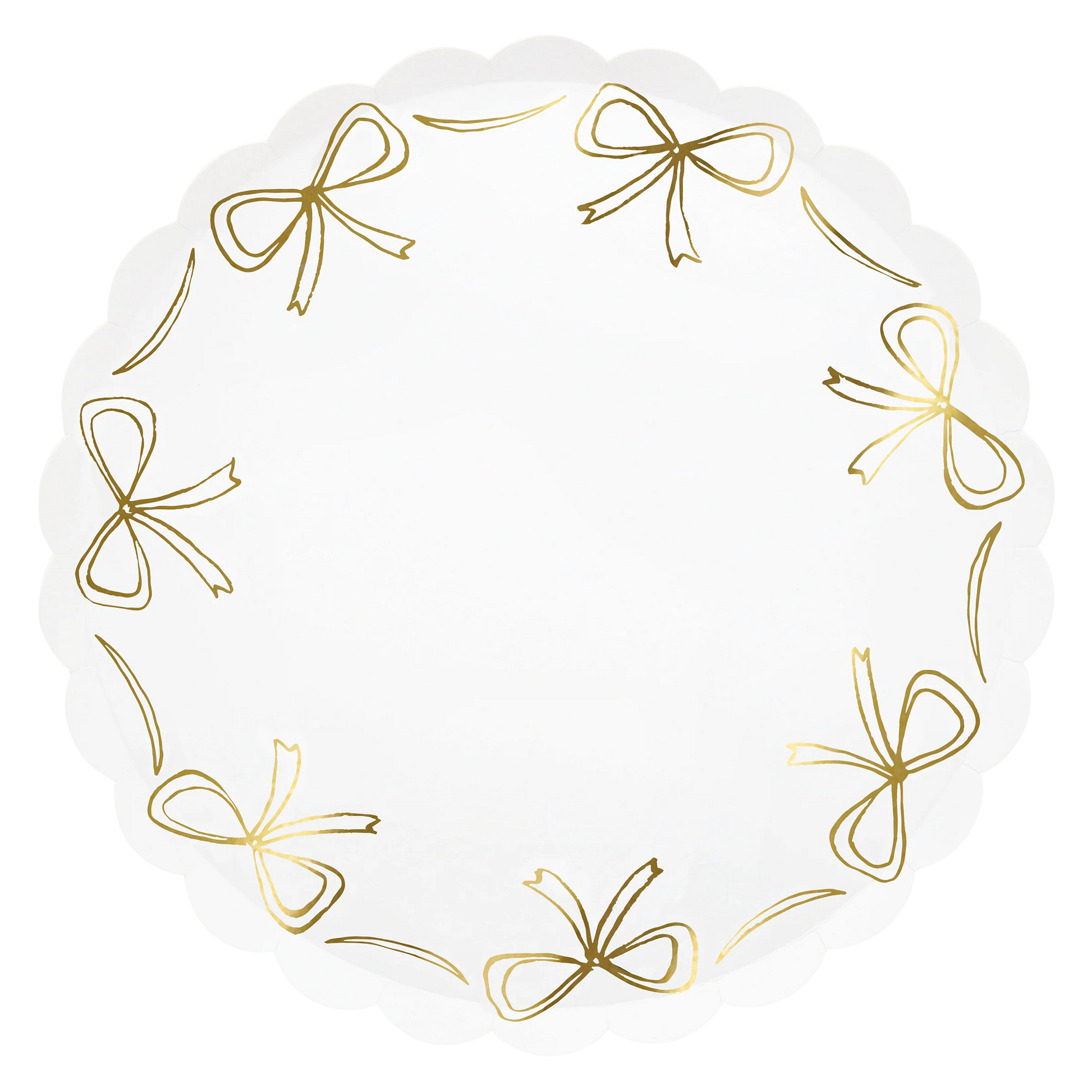 Gold bow scalloped edge paper plates by Meri Meri sold in Toronto at Confetti My Party.