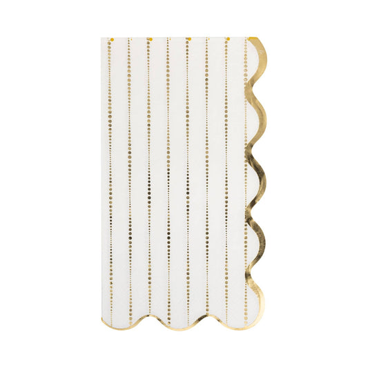 Cream paper guest napkins with gold foil dotted stripes and wavy scalloped edge