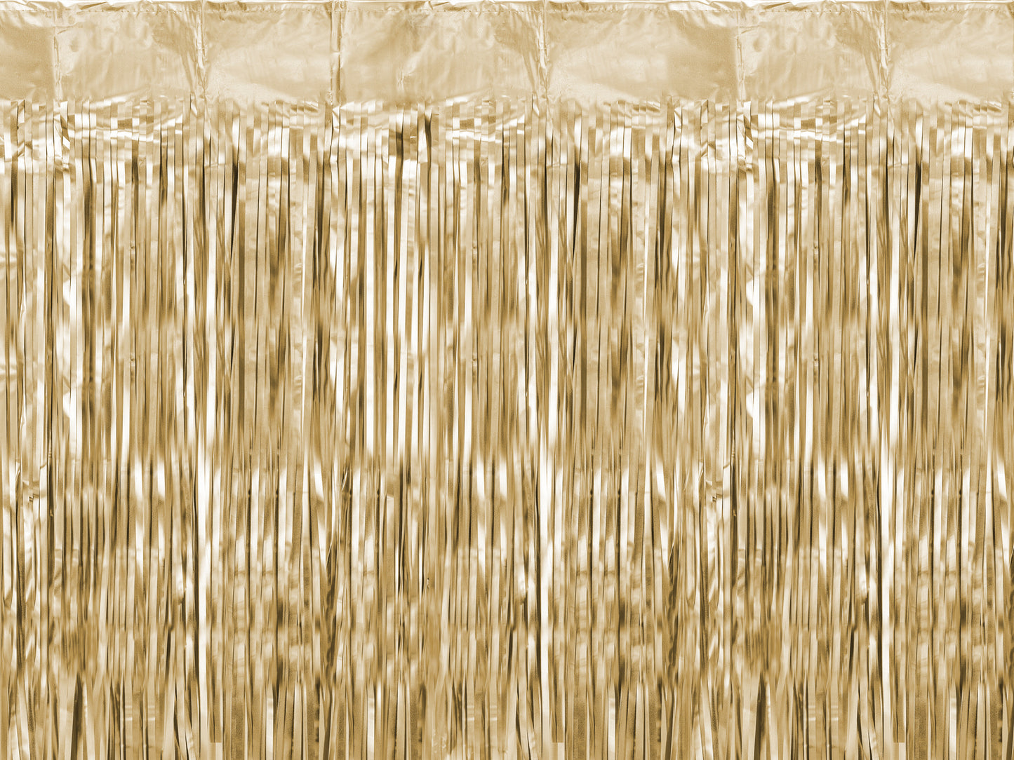 Close-up of a shiny gold foil fringe curtain, perfect for birthday backdrops or party photo booths.