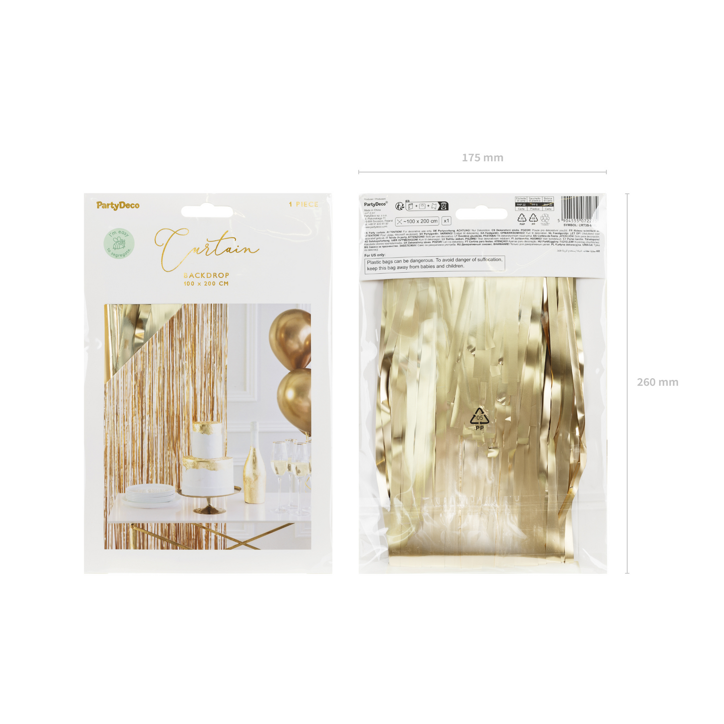 Packaged gold foil fringe curtain backdrop, shown front and back with product dimensions and example party setup.
