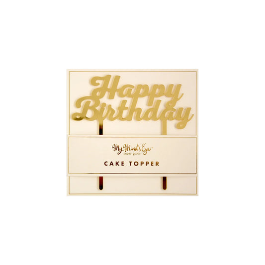 gold acrylic 'happy birthday' cake topper in product packaging