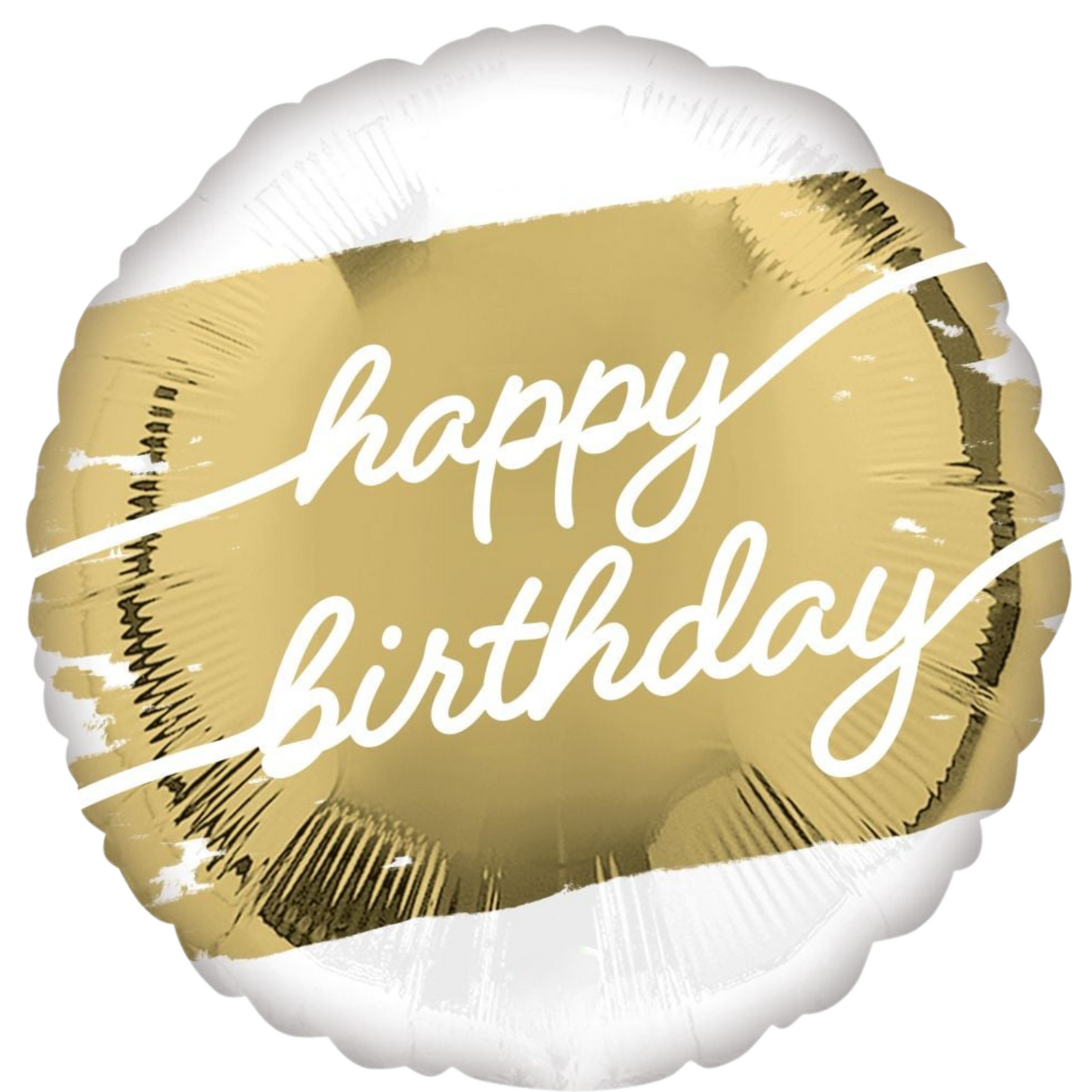 Gold “Happy Birthday” foil balloon with brushstroke design, perfect for milestone birthday celebrations in Toronto.