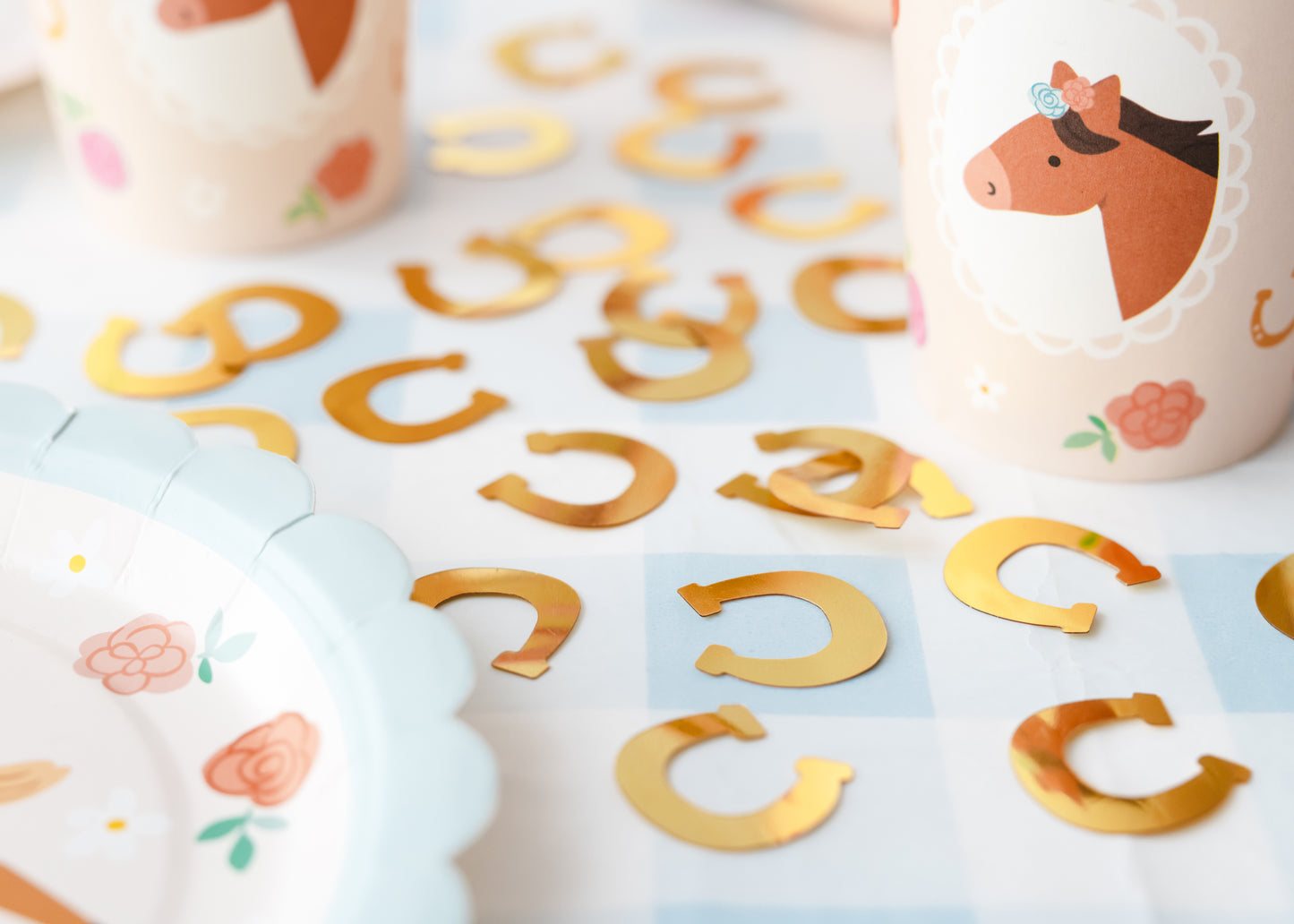 Gold horseshoe confetti styled with pastel pony tableware at Confetti My Party Toronto