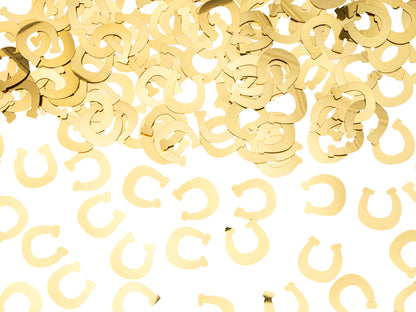 Gold horseshoe confetti scattered on white background, available at Confetti My Party Toronto