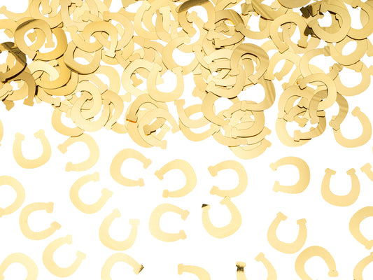 Gold horseshoe confetti scattered on white background, available at Confetti My Party Toronto