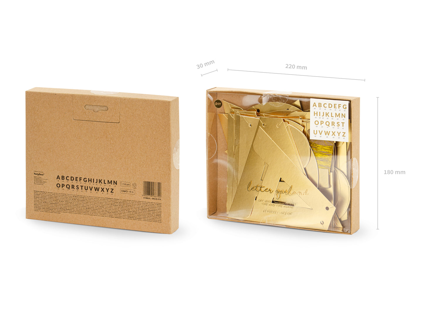 packaged mirror gold alphabet banner kit with letters and gold twine in box, available in Toronto at Confetti My Party. Ships across Canada.