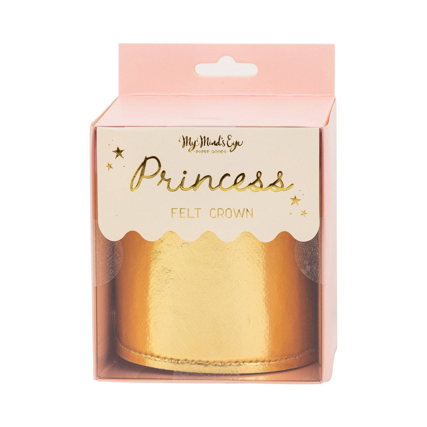 angled view of gold felt princess crown with pink pom poms available at our Toronto party shop