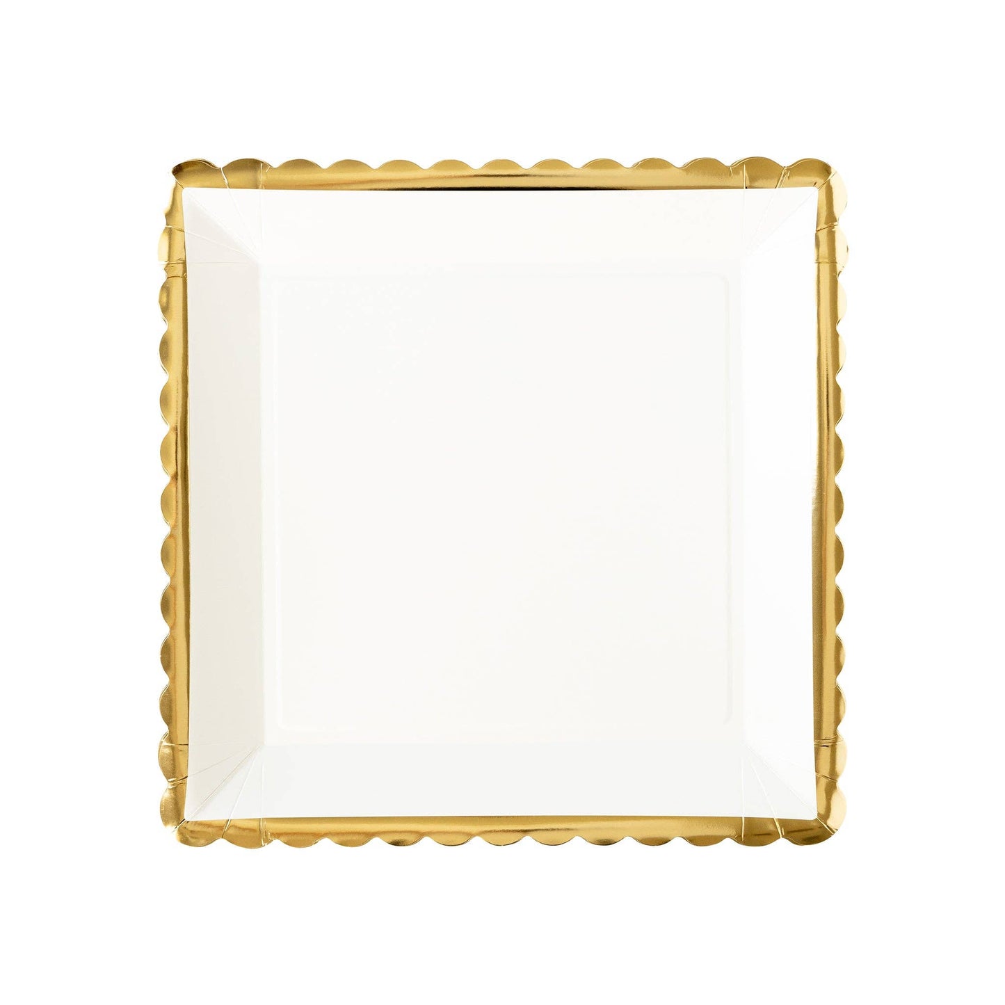 Large white square plate with a shimmering gold ruffle edge, ideal for elegant dining and events in Toronto