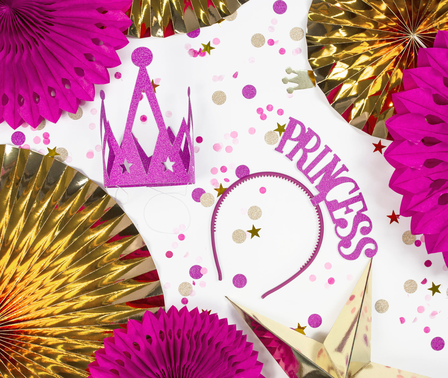 Gold star confetti styled with pink and gold princess party decorations, available in Toronto with Canada-wide shipping.