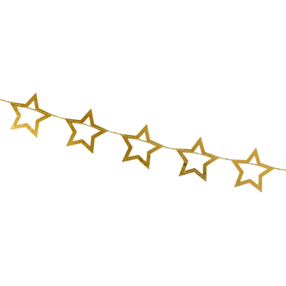 Close-up metallic gold star garland for party decor available in Toronto and shipping across Canada
