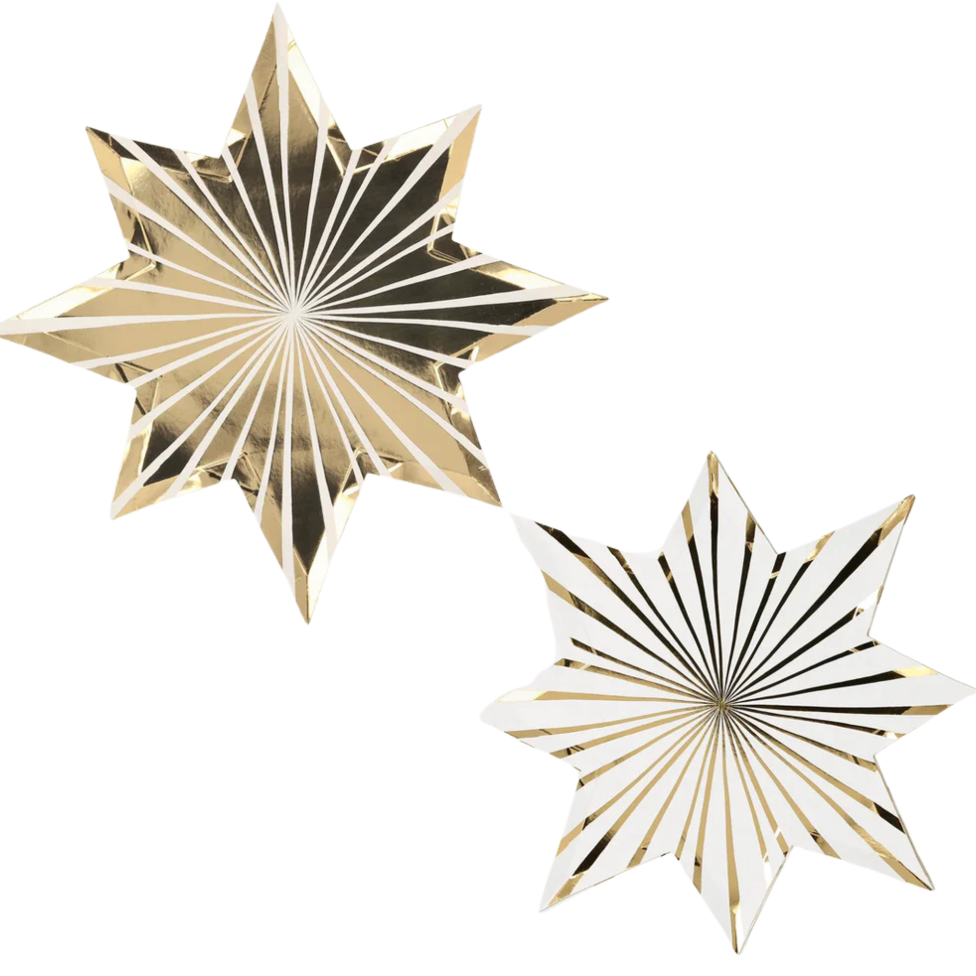 Two gold and black star-shaped paper plates on a white background