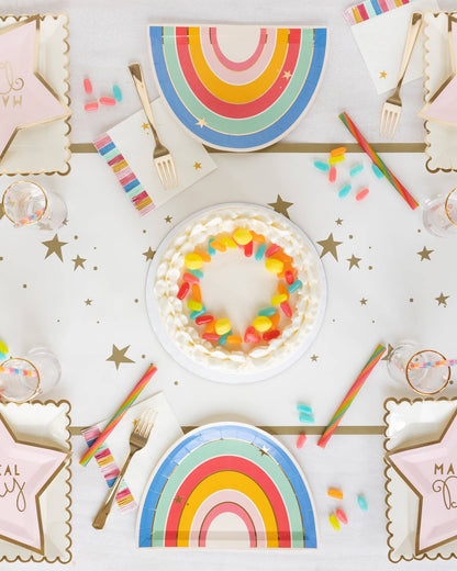 Cream and gold star paper table runner styled with rainbow birthday plates, pastel partyware and birthday cake. Pick up in Toronto + Canada-wide shipping available.