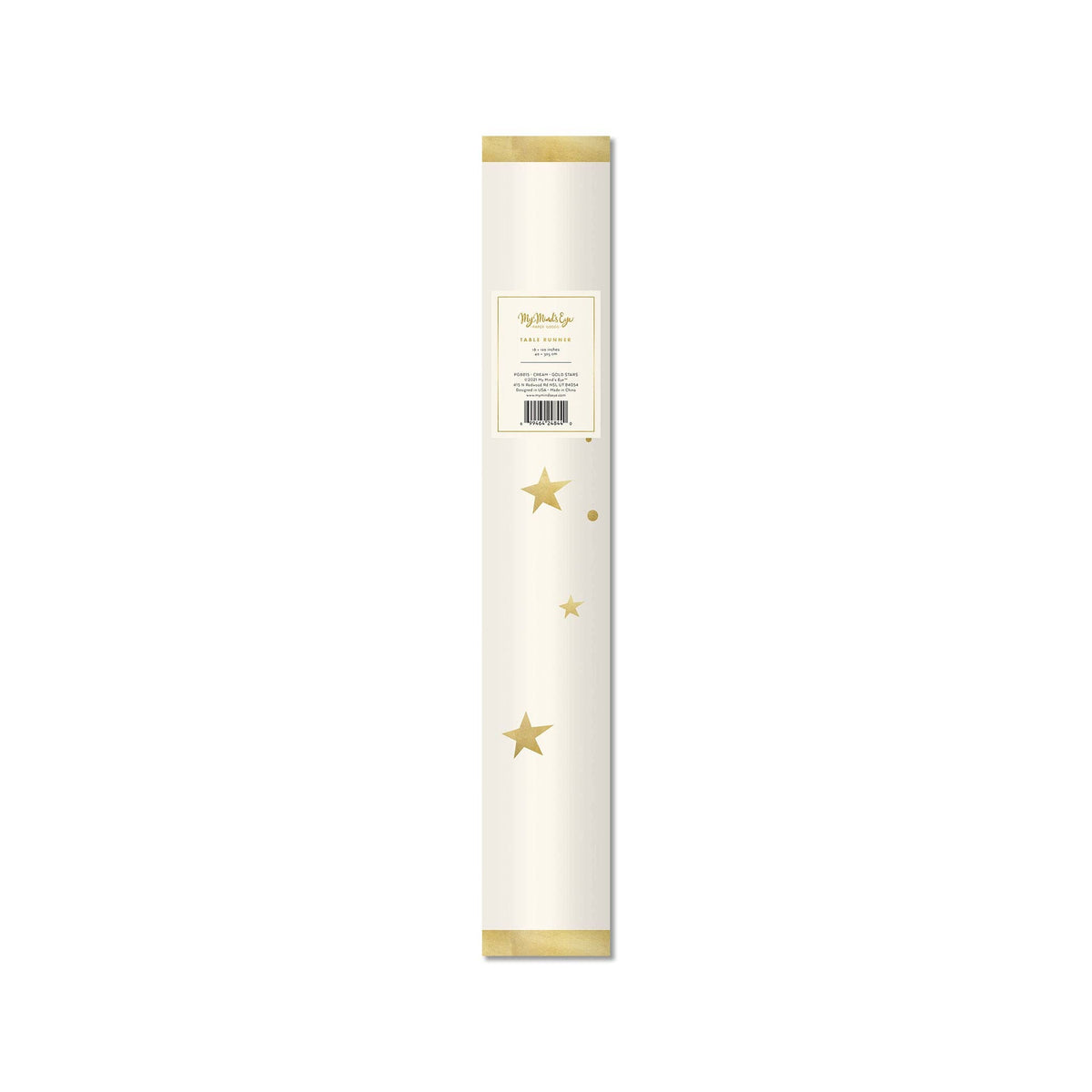 Cream paper table runner with scattered metallic gold stars and dots by My Mind's Eye. Pick up in Toronto + Canada-wide shipping available.