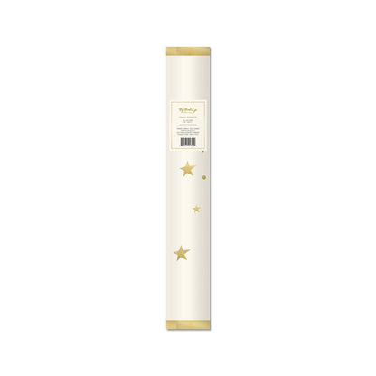 Cream paper table runner with scattered metallic gold stars and dots by My Mind's Eye. Pick up in Toronto + Canada-wide shipping available.