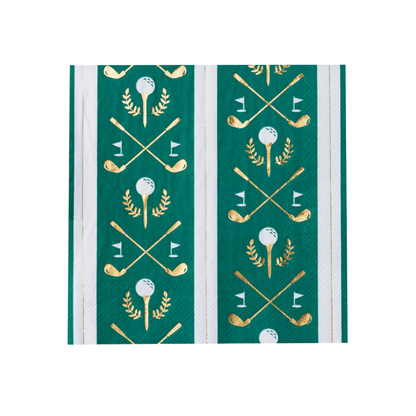 Green golf party napkins with gold foil golf clubs, golf balls, flags and laurel details