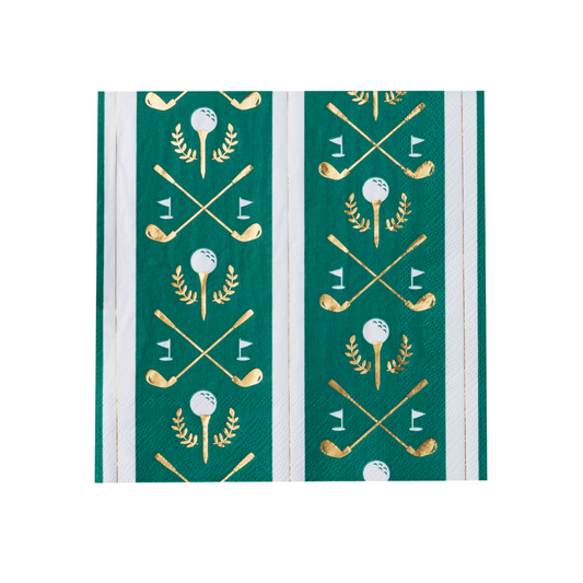Green golf party napkins with gold foil golf clubs, golf balls, flags and laurel details