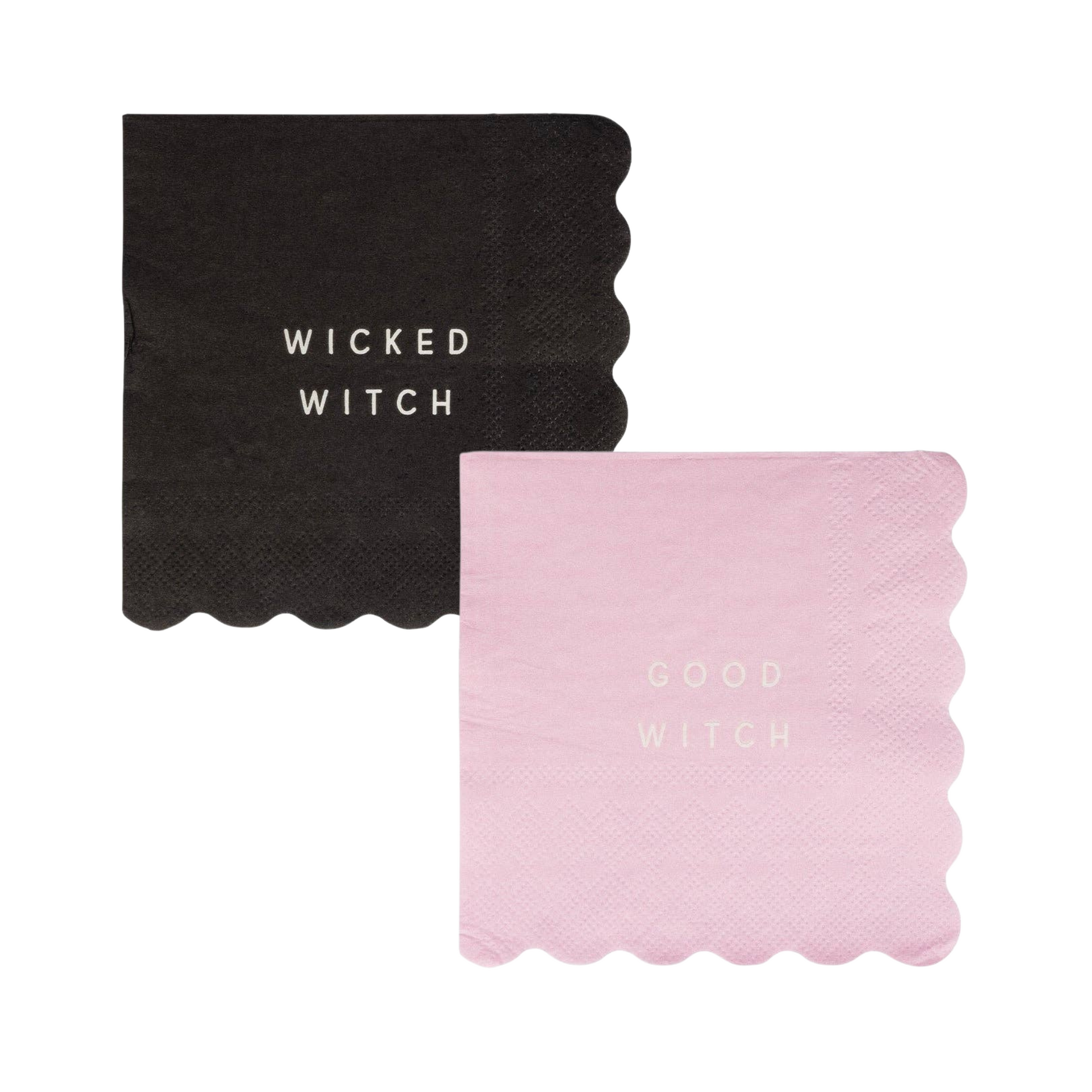 Glenda and Elphaba inspired Halloween napkin set with black “Wicked Witch” and pink “Good Witch” napkins.