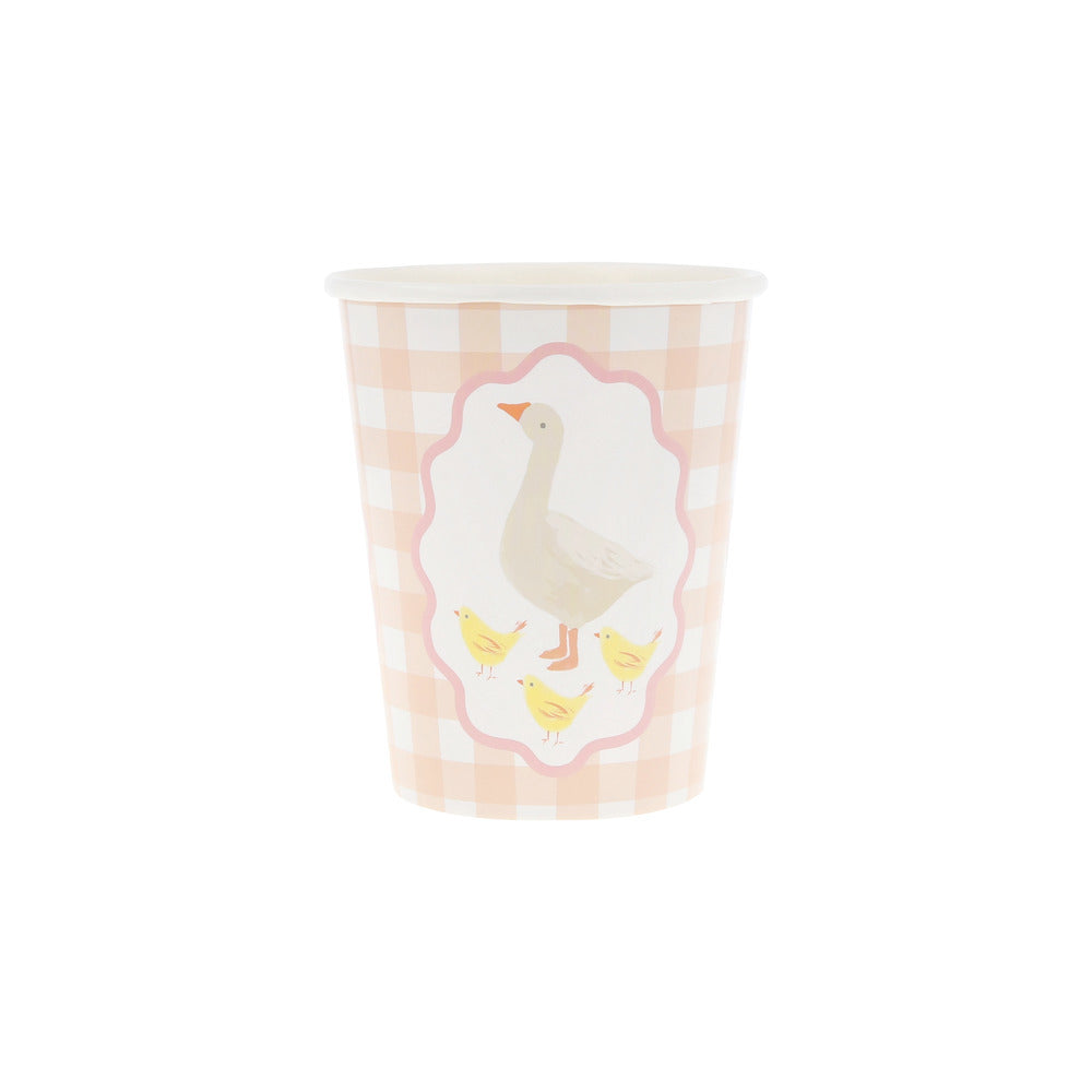 Peach gingham Meri Meri party cup with goose and chicks, available at our Toronto party shop