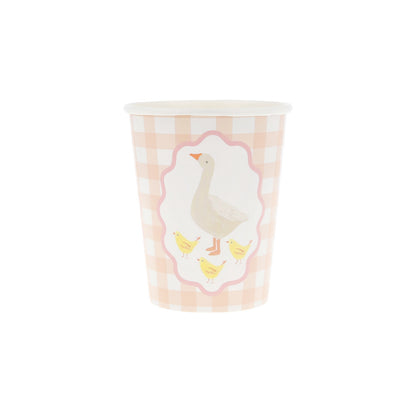 Peach gingham Meri Meri party cup with goose and chicks, available at our Toronto party shop