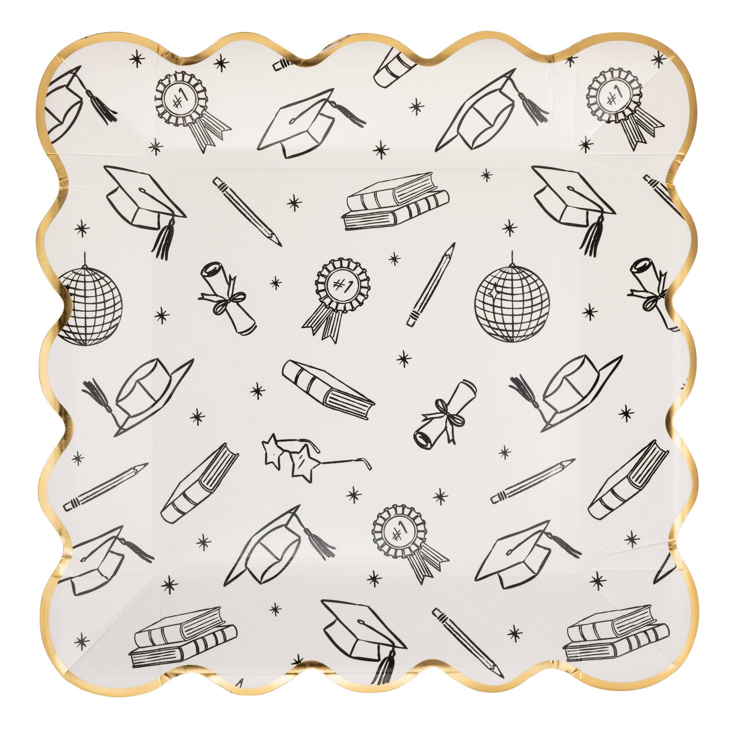 Graduation themed paper plate with black illustrated grad icons and gold foil scalloped edge, sold in Toronto at Confetti My Party
