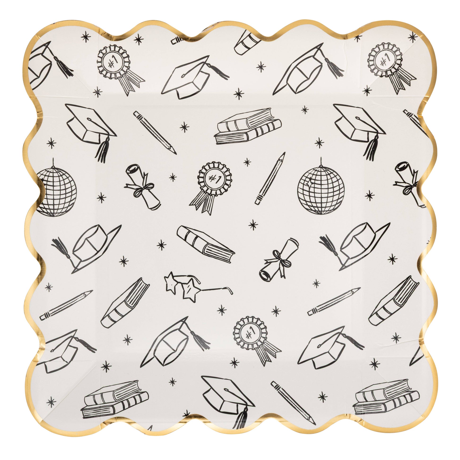 Graduation themed paper plate with black illustrated grad icons and gold foil scalloped edge, sold in Toronto at Confetti My Party