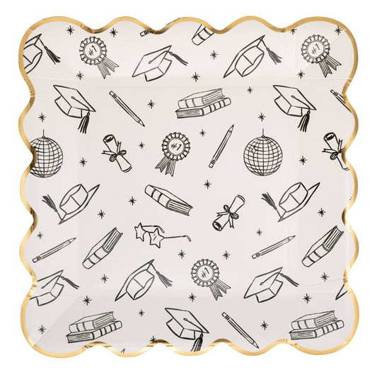 Graduation themed paper plate with black illustrated grad icons and gold foil scalloped edge, sold in Toronto at Confetti My Party