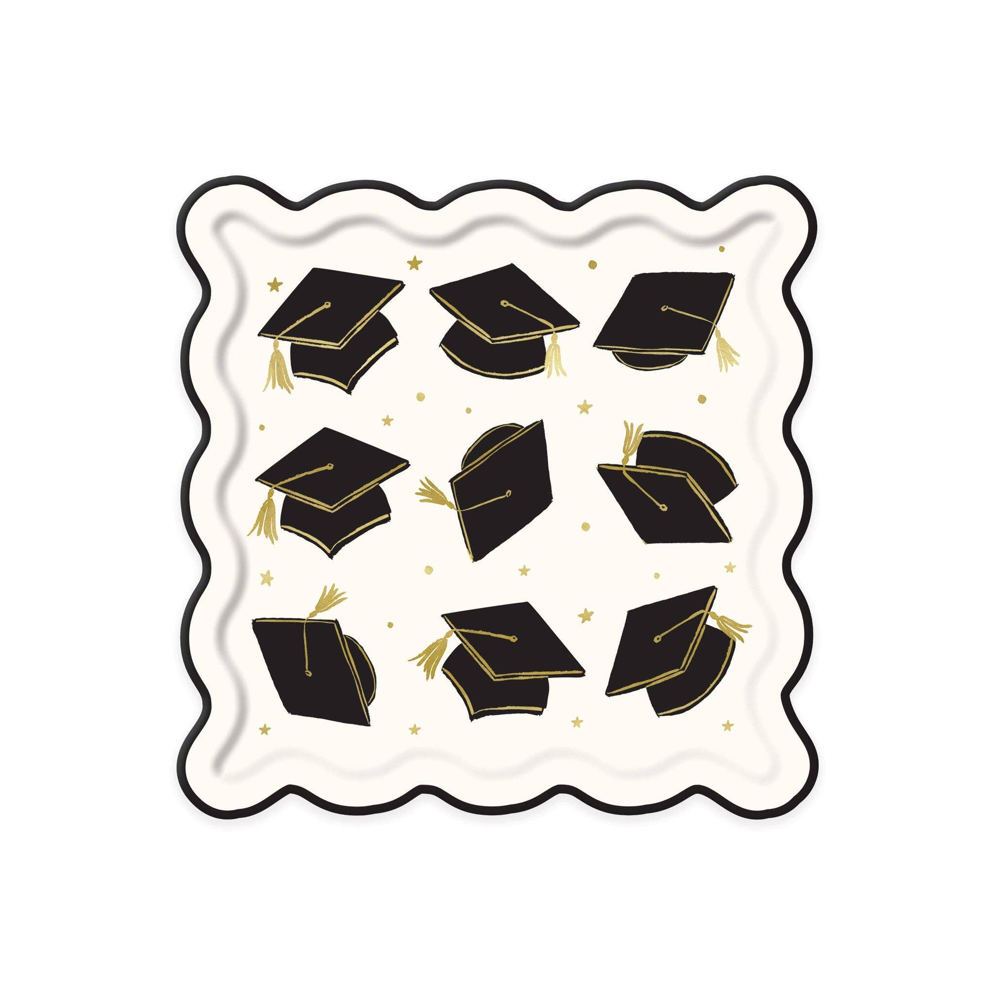 Graduation cap scatter plates with black and gold mortarboard designs, sold in Toronto at Confetti My Party