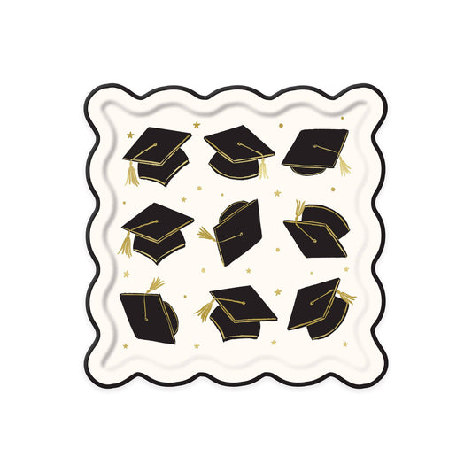 Graduation cap scatter plates with black and gold mortarboard designs, sold in Toronto at Confetti My Party