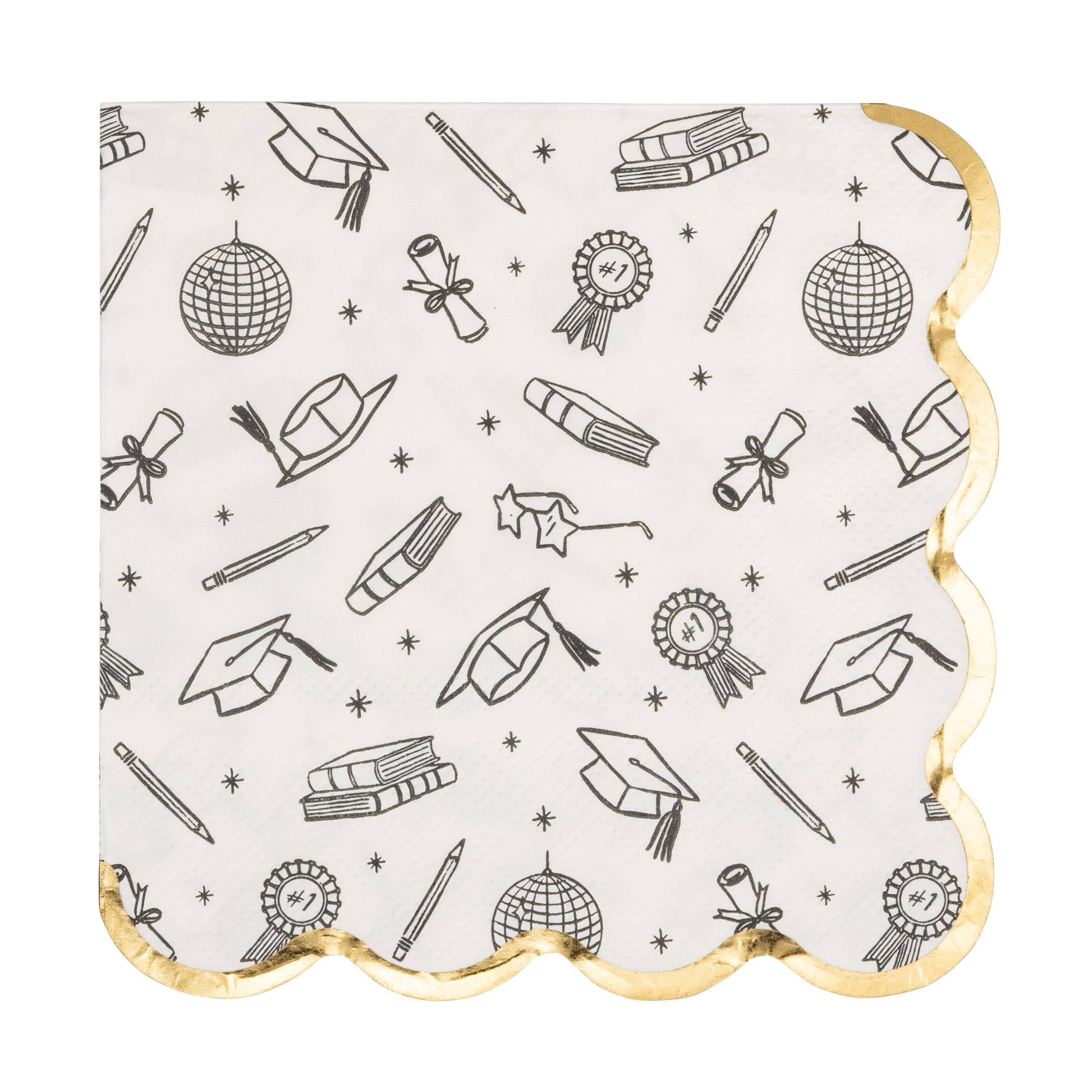 Graduation icons cocktail napkin with gold scalloped edge and graduation-themed illustrations
