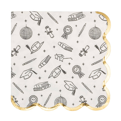 Graduation icons cocktail napkin with gold scalloped edge and graduation-themed illustrations
