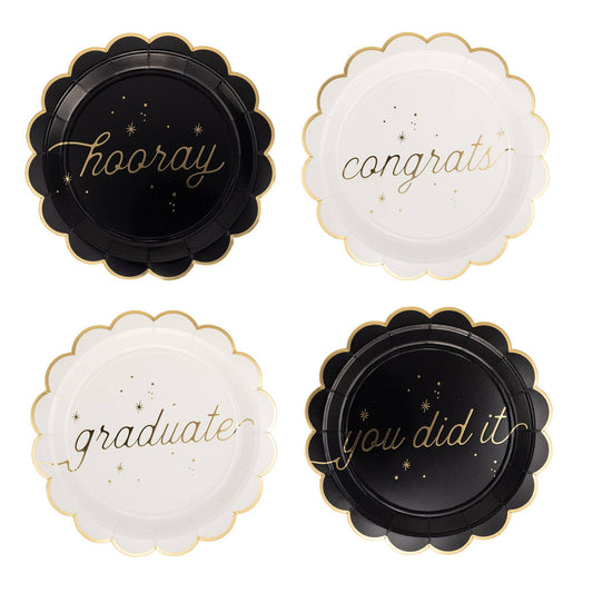 Graduation well wishes dessert plates in black, white, and gold with phrases hooray, congrats, graduate, and you did it, sold in Toronto at Confetti My Party
