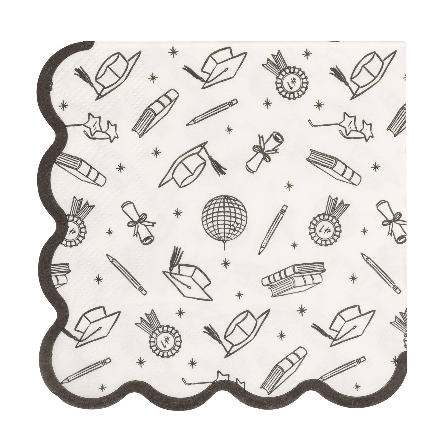 Graduation icons cocktail napkin with black scalloped edge and academic illustrations
