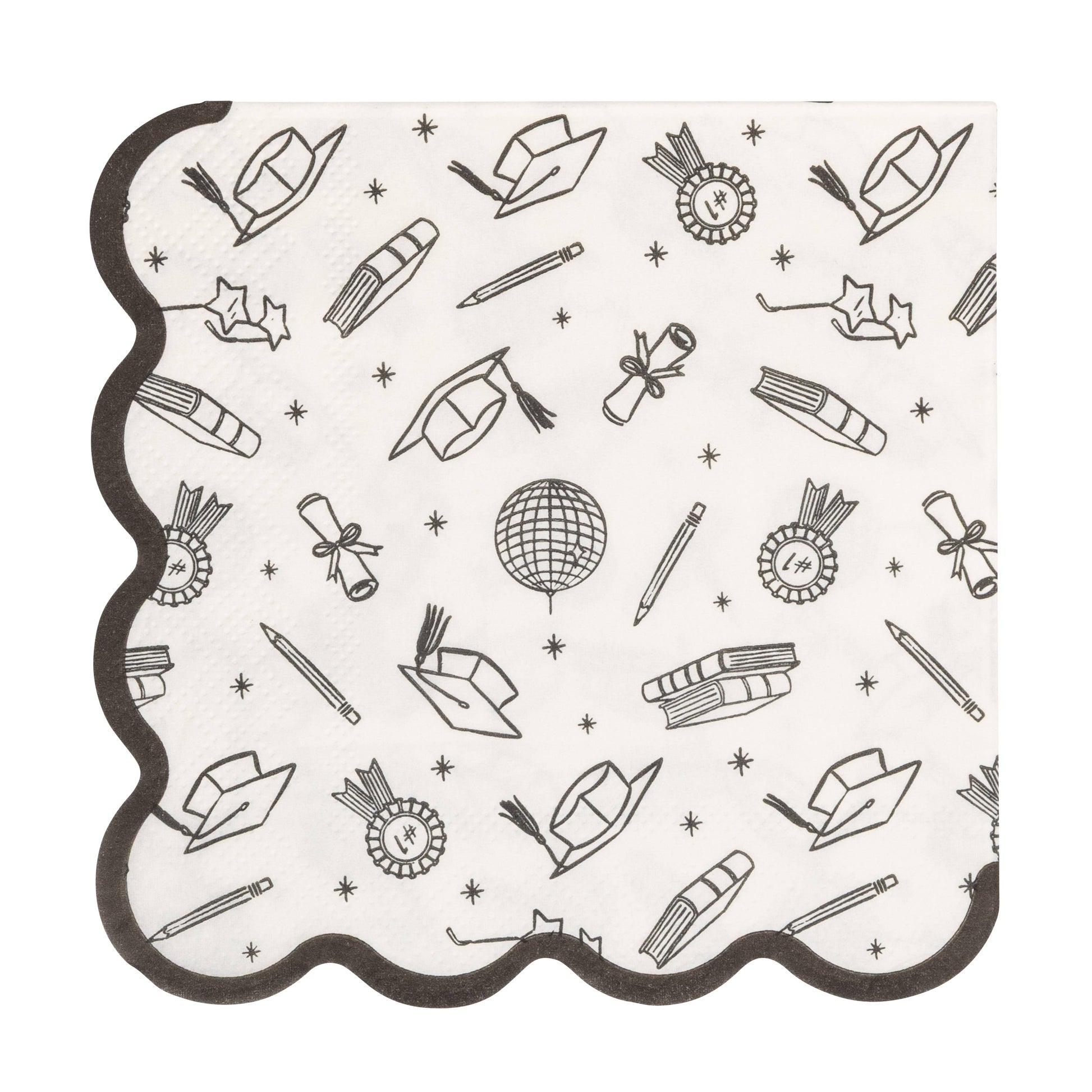 Graduation icons cocktail napkin with black scalloped edge and academic illustrations
