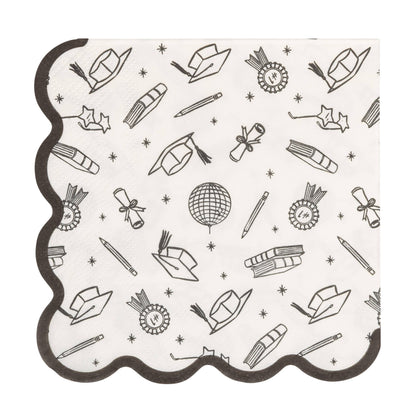Graduation icons cocktail napkin with black scalloped edge and academic illustrations
