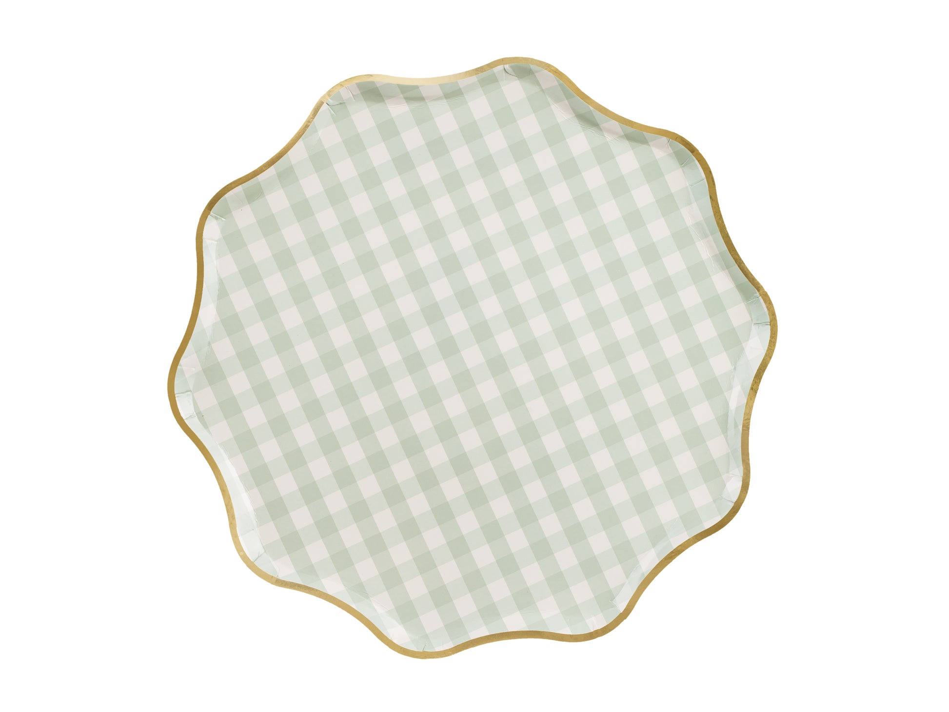Green checkered paper plate with gold trim, pack of 6 sold in Toronto at Confetti My Party.