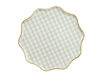 Green checkered paper plate with gold trim, pack of 6 sold in Toronto at Confetti My Party.
