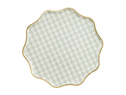 Green checkered paper plate with gold trim, pack of 6 sold in Toronto at Confetti My Party.