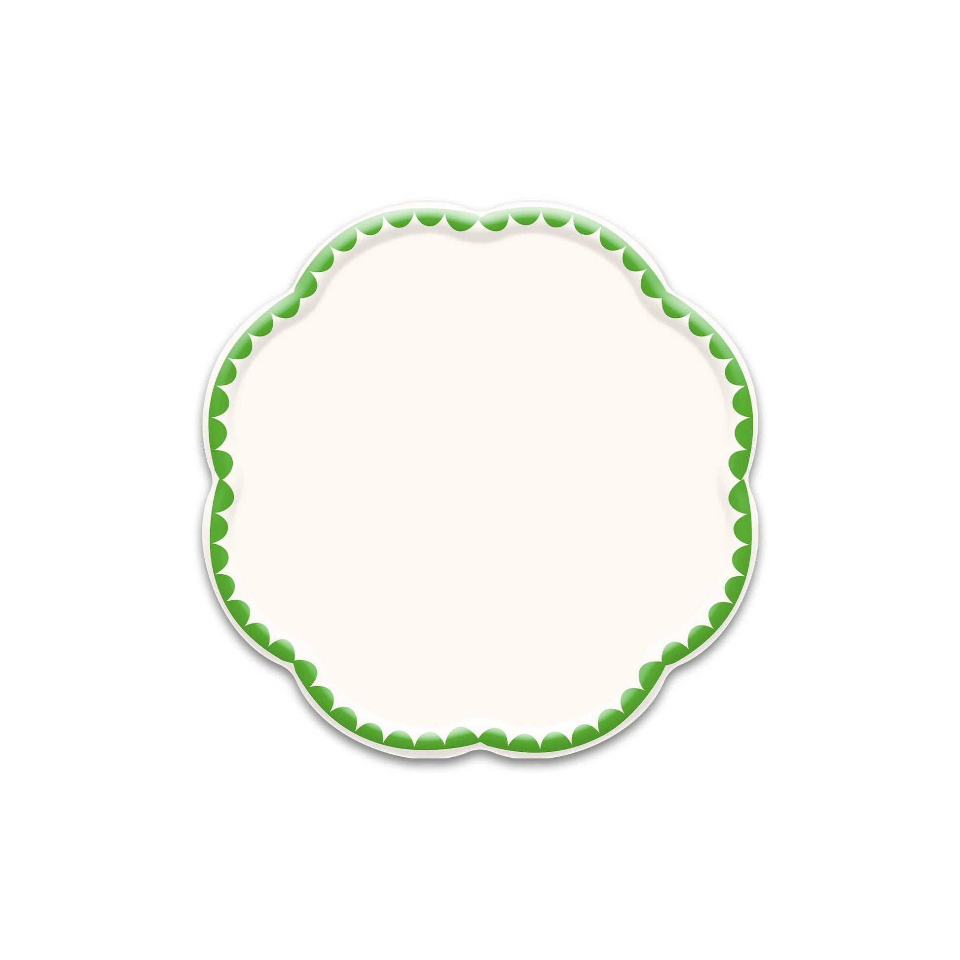 “Green scalloped dessert plate with white centre, ideal for birthdays, showers, and picnics. Sold at our shop and fast shipping Canada-wide.