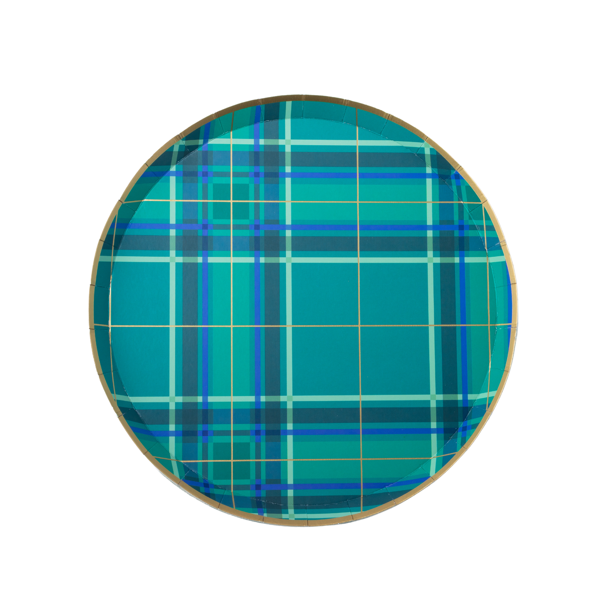 Green plaid Christmas paper plates with blue accents and gold foil lines and trim