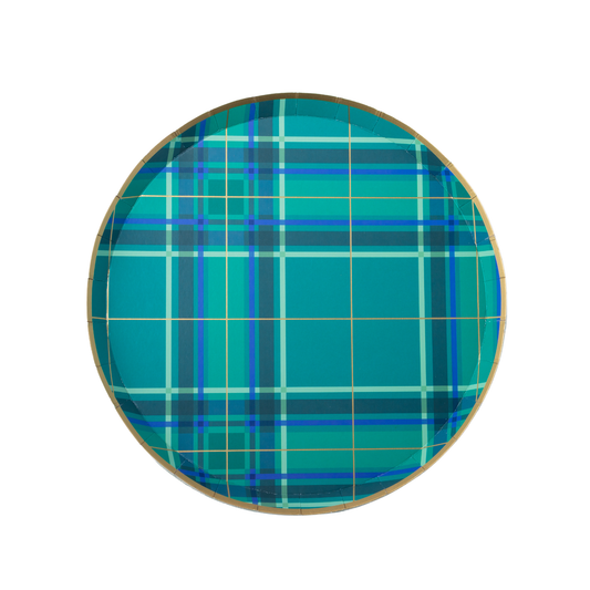 Green plaid Christmas paper plates with blue accents and gold foil lines and trim