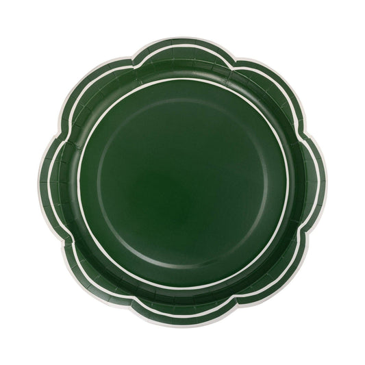 Green scalloped-edge paper plate with cream line border, perfect for elegant holiday dinners and Christmas parties in Toronto.