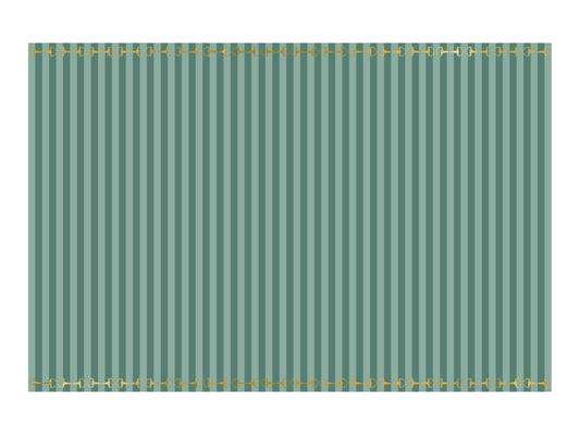 Green striped disposable tablecloth with gold stirrup print, available in Toronto and shipping across Canada.