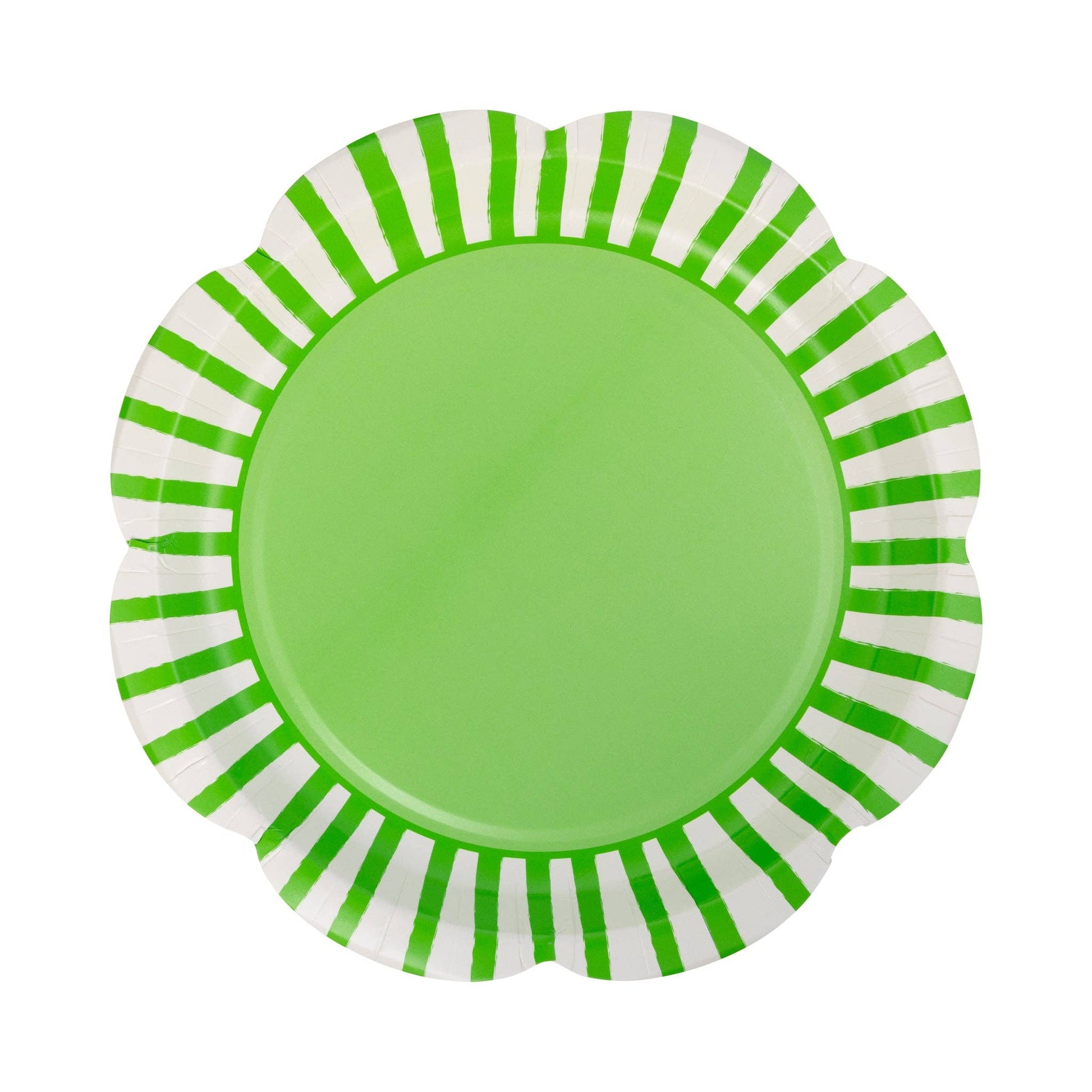 Green striped scalloped paper plates add a bold, fun touch to any party. Perfect for birthdays, picnics, or sports events. Ships across Canada