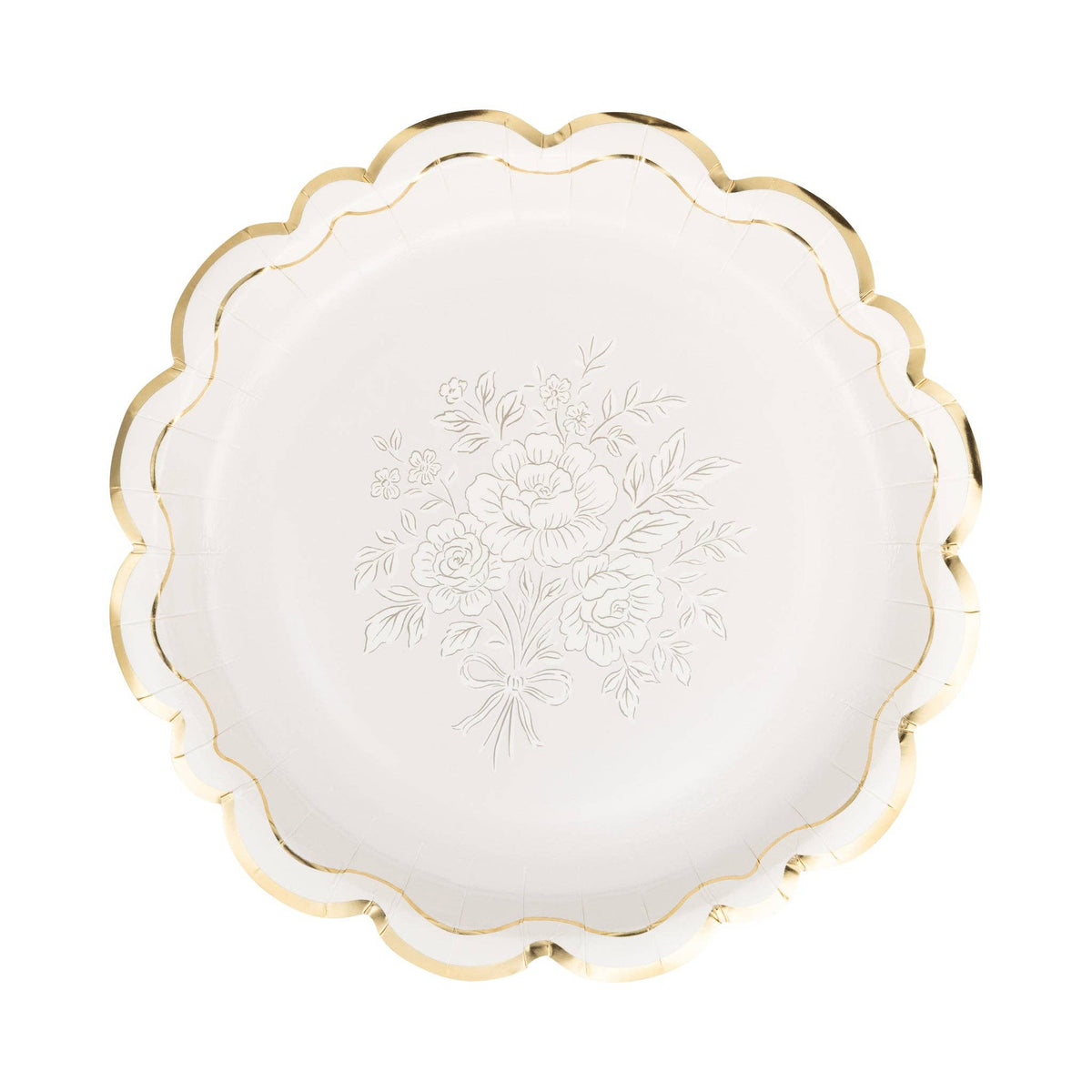 Grey floral paper dinner plate with delicate cream floral design and gold foil scalloped edge.