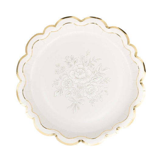 Grey floral paper dinner plate with delicate cream floral design and gold foil scalloped edge.